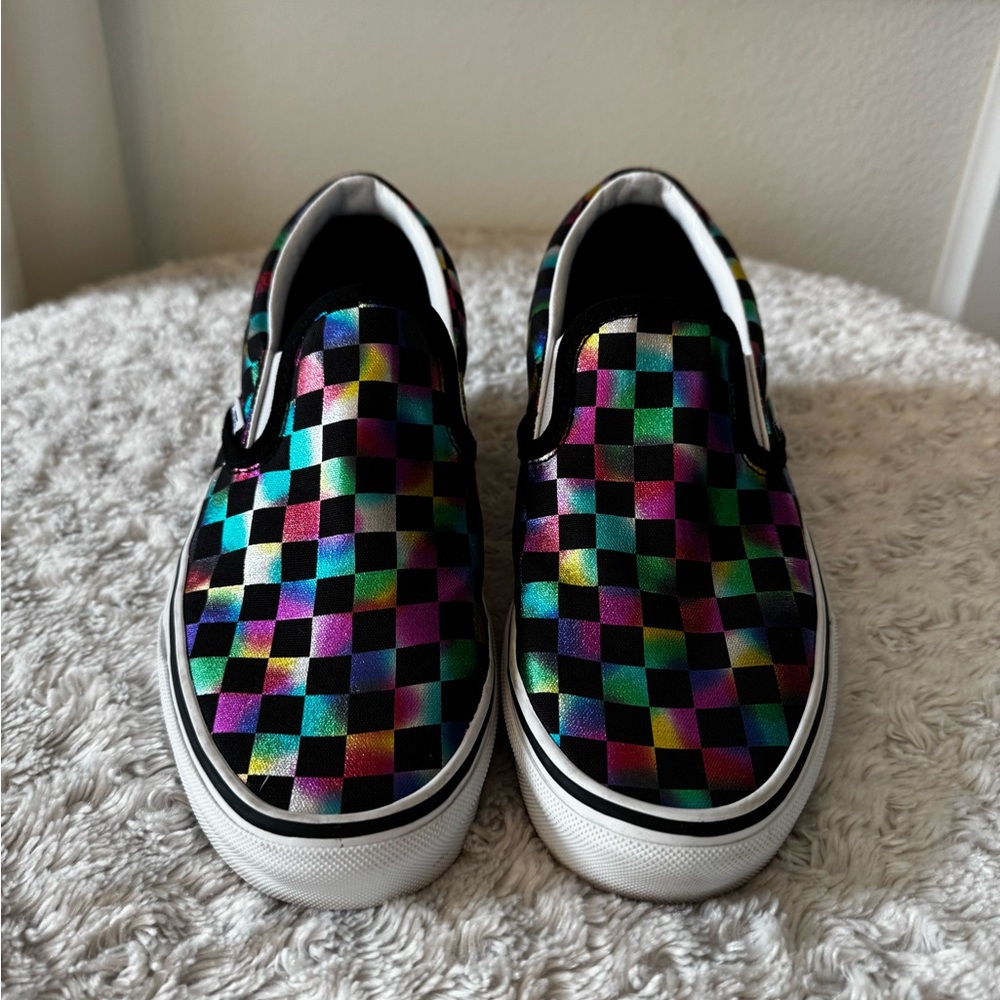 Vans Multicolor Iridescent Checkered Slip-On Flats, Women’s size 9